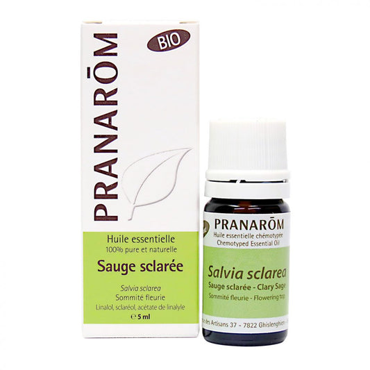 bouteille d'huile essentielle Sauge sclarée - BIO avec son emballage