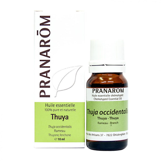 bouteille d'huile essentielle Thuya avec son emballage